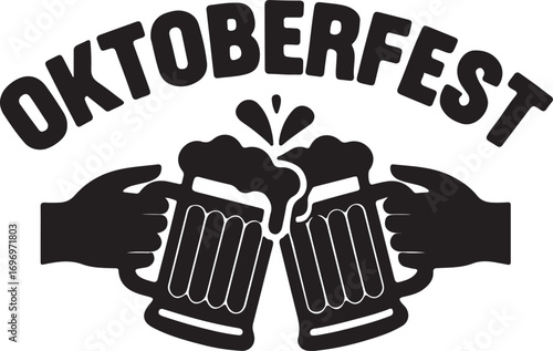 Oktoberfest text and two hands clinking beer mugs with foam vector