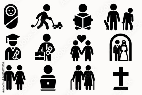 Life cycle icon set. Solid vector icons of baby, toddler, graduate, couple, wedding, parents, senior and cemetery. Human life journey pack.