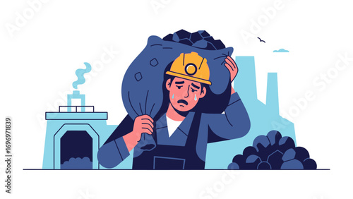 Heavy Burden: A weary industrial worker carries a hefty sack of coal amidst the backdrop of a factory, conveying the physical toll and harsh realities of industrial labor.