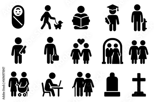 Solid life cycle icons. Includes growth, work, family, relationships, aging and death. Minimal vector collection for human lifespan.