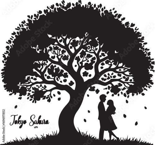 Silhouette couple embracing under a blooming tree with falling petals and Tokyo Sakura text love romance