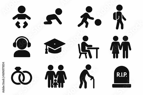 Solid life cycle icons. Includes symbols for growth, work, wedding, aging, education and death. Minimal vector collection for human lifespan.