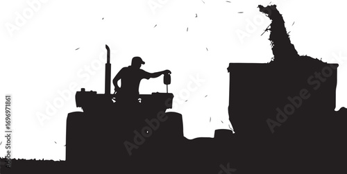Silhouette of a farmer operating a tractor loading hay into a large bin vector