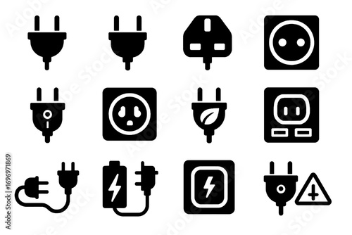 Solid electric plug icons. Includes symbols for on/off switch, universal adapter, battery charging, grounded plug and energy leaf. Minimal vector set.