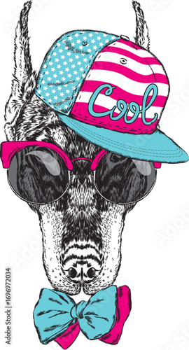 Puppy in cap and tie. Dog vector.