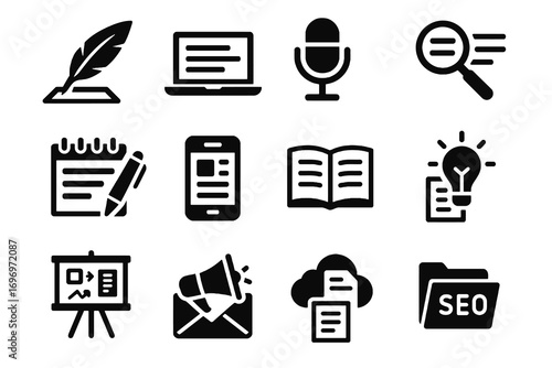 Copywriting icon set. Solid vector icons of quill, laptop, SEO audit, podcast, strategy, blog, and email marketing. Content writing pack.