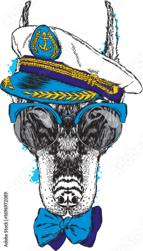 Cute Dog in captain's cap. Vector illustration. Print.