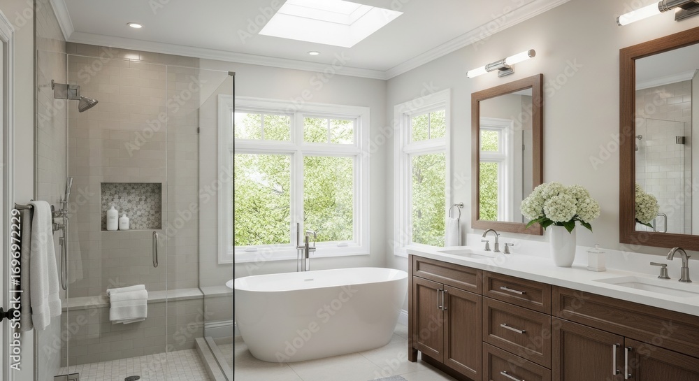 Fototapeta premium Bright Bathroom Oasis: Freestanding Tub, Dual Vanities, and Skylight Illumination