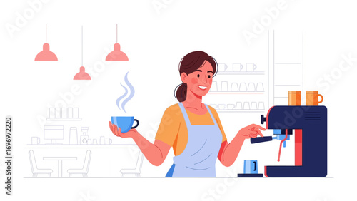 Barista at work: A cheerful barista, expertly crafts a perfect coffee with a modern espresso machine, a testament to skill and craft, perfect for commercial, advertising, and food photography.