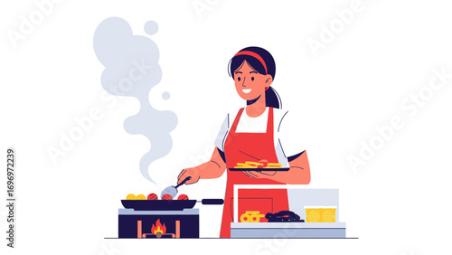 Culinary Creation: An illustrated chef, radiating passion, crafts culinary masterpieces using a stovetop, plate, and frying pan for a visual representation of gastronomic joy.