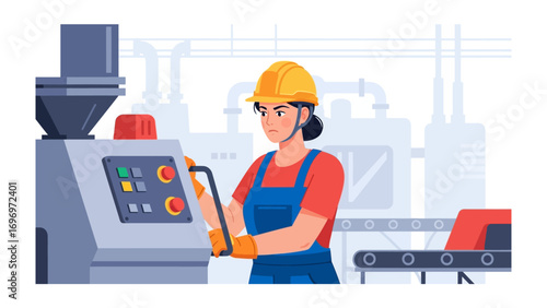 Industrial Precision: A female operator, clad in a safety helmet and gloves, intently manages a complex machinery control panel within a modern factory setting, symbolizing precision and production.