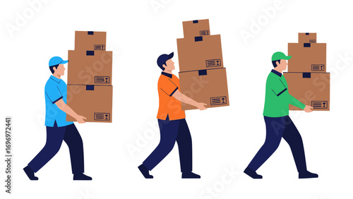 Delivering the Goods: A trio of dedicated delivery personnel strides confidently, each shouldering a stack of cardboard boxes, symbolizing the efficiency and reliability of a swift delivery service.