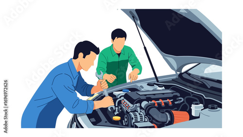 Automotive Diagnosis: Two mechanics working to diagnose and repair a car engine in a professional automotive environment, highlighting their teamwork and technical expertise.
