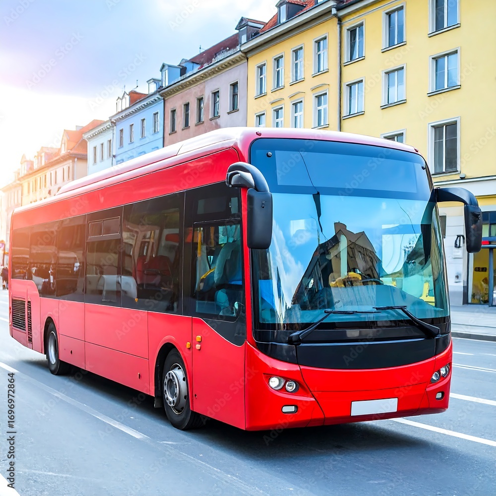 Fototapeta premium A modern red city bus travels down a street lined with multi-colored buildings under a bright sky.
