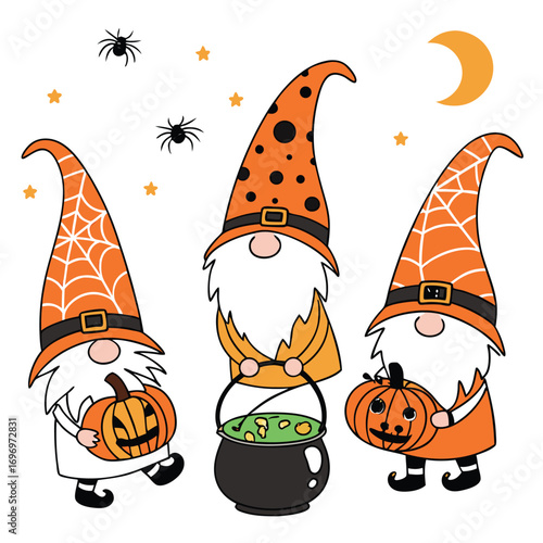 Three cute gnomes with orange hats stand near the moon on transparent background
