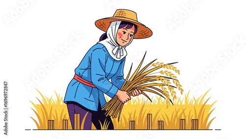 Rural harvest worker Illustration: A farmer is collecting golden wheat. The scene depicts the dedication and hard work, set amidst the beauty of a sun-drenched field. 