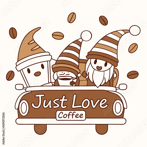 Coffee cup and gnomes enjoy a road trip in a car with coffee beans