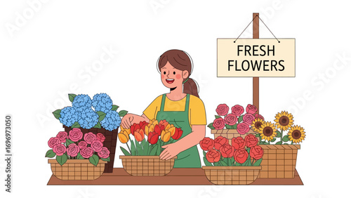 Blossom Business: A vibrant floral shop owner arranges a colorful assortment of fresh blooms, showcasing a tapestry of roses, tulips, sunflowers, and hydrangeas. A celebration of natural beauty.