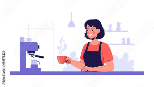 The Aroma of the Barista's Brew: A cheerful barista prepares a steaming cup of coffee, the aroma of fresh grounds fills the air. She embodies the spirit of hospitality.