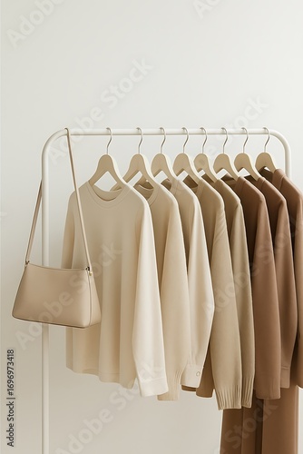 Clothes hanging on rack in neutral color palette
