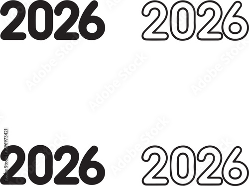 Isolated black new year 2026 icons, celebration holiday vector icons, festive seasonal design, minimal outline party icons, black silhouette new year elements