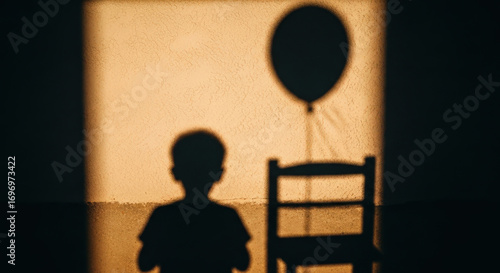 Shadow of a child and balloon, nostalgic, representing childhood memory, warm sepia background