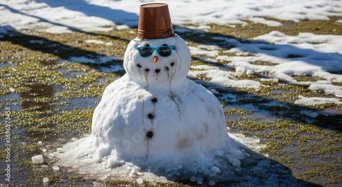 Melting snowman with sunglasses, comical, the end of winter concept, spring transition background