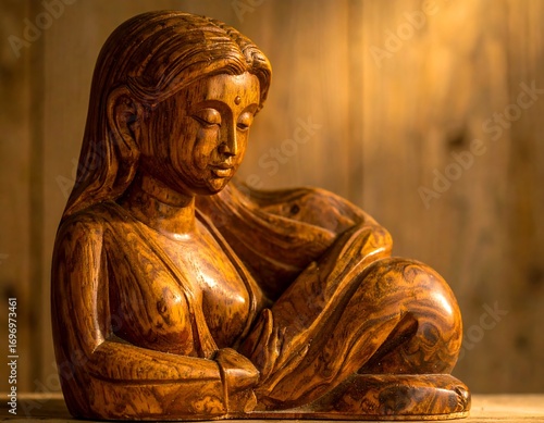 A detailed carved wooden sculpture of a serene figure, rich with warm golden tones and intricate wood grain detail.
