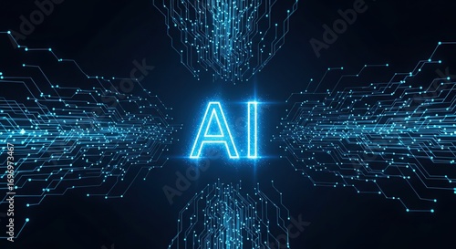 Ai text glowing blue with digital circuit board background