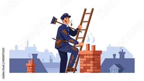 A chimney sweep ascends a ladder to a rooftop with a classic scene of hard work and dedication.