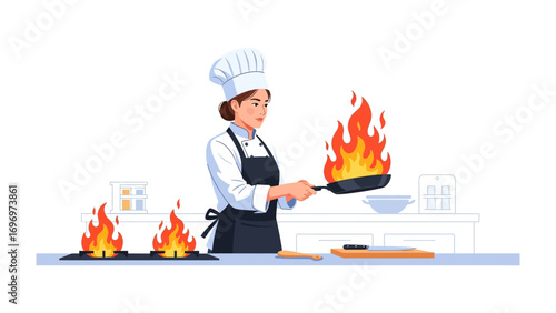 Culinary Flames: A skilled culinary artist meticulously handles a fiery pan, surrounded by flames and embodying the passion of gastronomy.
