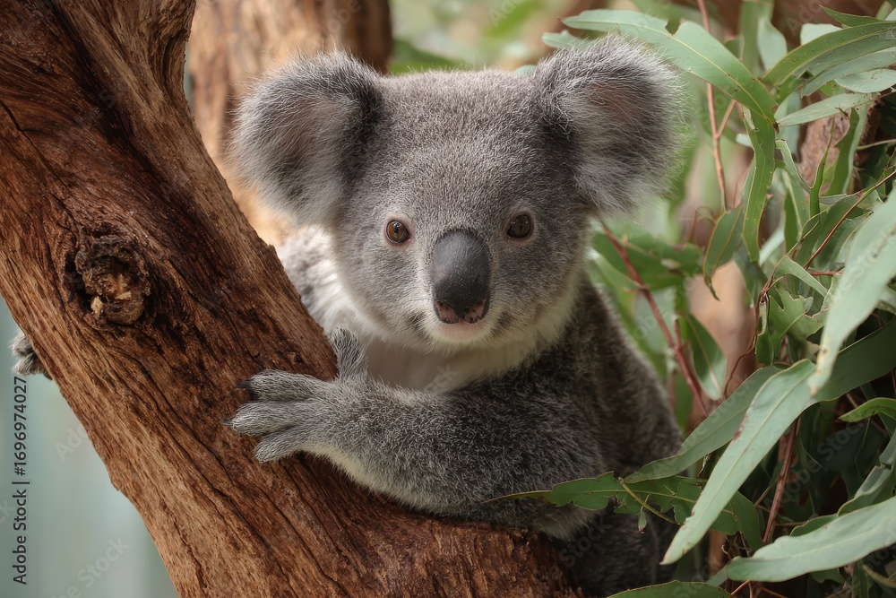 Obraz premium Adorable Koala Perched on a Tree in the Heart of Australiaâ€™s Eucalyptus Forest