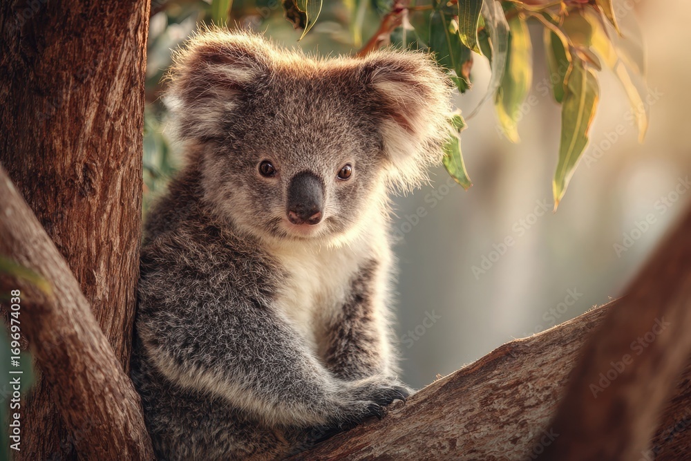 Fototapeta premium Cute Koala Relaxing on Eucalyptus Tree in Australian Wildlife Setting
