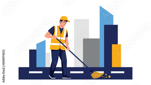 City worker with broom: A city worker diligently sweeps the city streets, ensuring a clean and welcoming urban environment, with modern building silhouettes