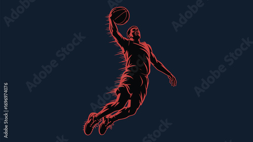 Dynamic basketball player soars for a powerful slam dunk, showcasing athletic prowess and competitive spirit
