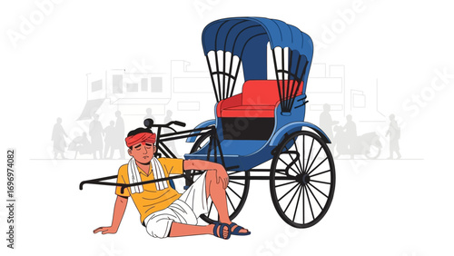 Exhausted Rickshaw: A hardworking rickshaw puller resting beside his colorful rickshaw, capturing a moment of stillness, conveying the essence of a simple day.