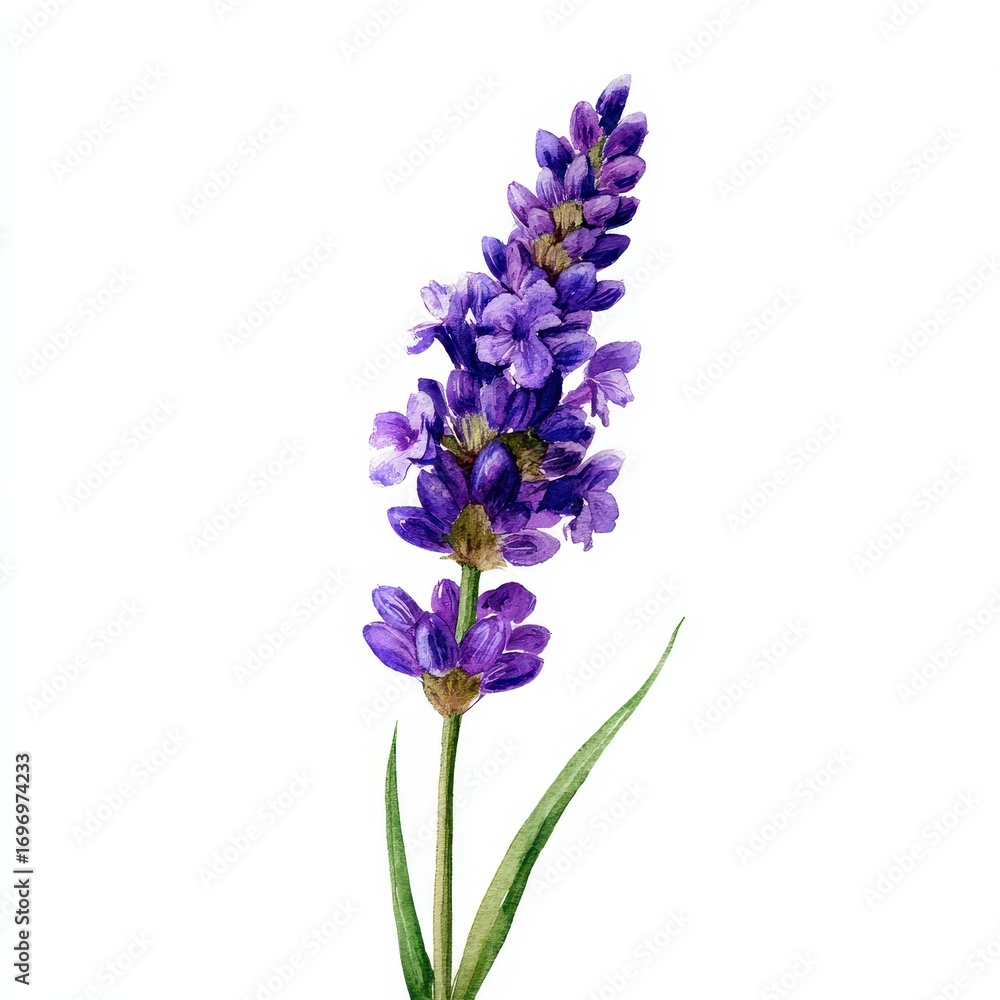 Fototapeta premium Lavender Blossom Artwork. Hand-painted Purple Floral Illustrations with Green Accents on a Soft Watercolor Background