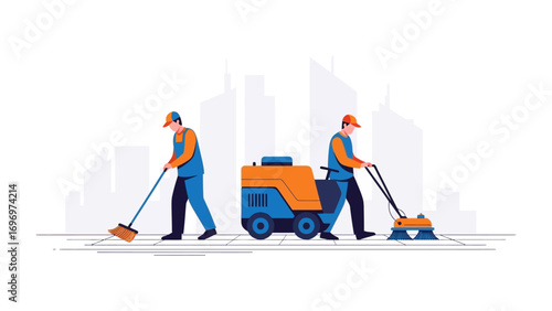 Clean Streetscape Harmony: In a meticulously crafted scene, sanitation worker is cleaning a street, which showcases the harmonious blend of technology and human effort, a symbol of urban cleanliness.