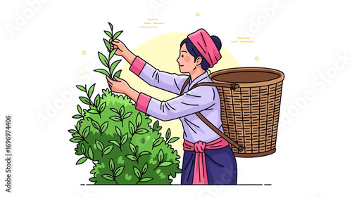 Harvesting tea: A skilled worker, with a traditional basket, delicately plucks the lush, green tea leaves from vibrant bushes in a carefully cultivated tea plantation.