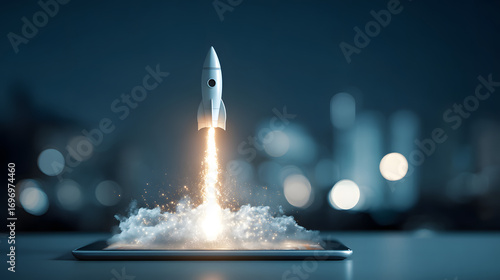 Fototapeta Naklejka Na Ścianę i Meble -  Igniting Innovation: A glowing rocket ship launches rom a digital tablet, symblizing the transformative ower of technology and entepreneurship in the digita age.