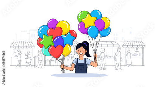 Joyful Balloon Vendor: A cheerful young vendor, filled with happiness and enthusiasm, presents a vibrant array of balloons, infusing the marketplace with a feeling of celebration and amusement. 