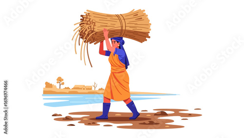 Woman with bundle of hay: A hardworking woman carries a bundle of hay on her head. Captured with an elegant design aesthetic, she stands as a symbol of agricultural labor and rural life.