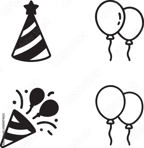 Isolated black party icons, celebration party vector icons, minimal black silhouette party design, editable outline party icons, flat party elements for buyers