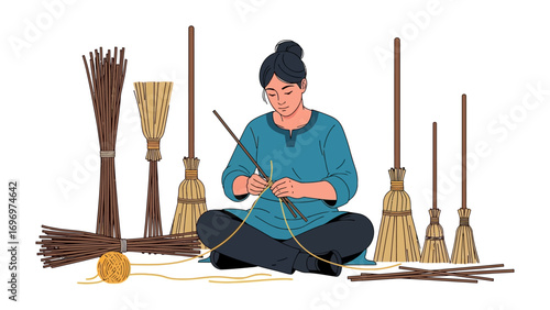 Crafting Brooms: A skilled artisan intricately weaves a broom, surrounded by her creations, showcasing the dedication and expertise involved in this craft.