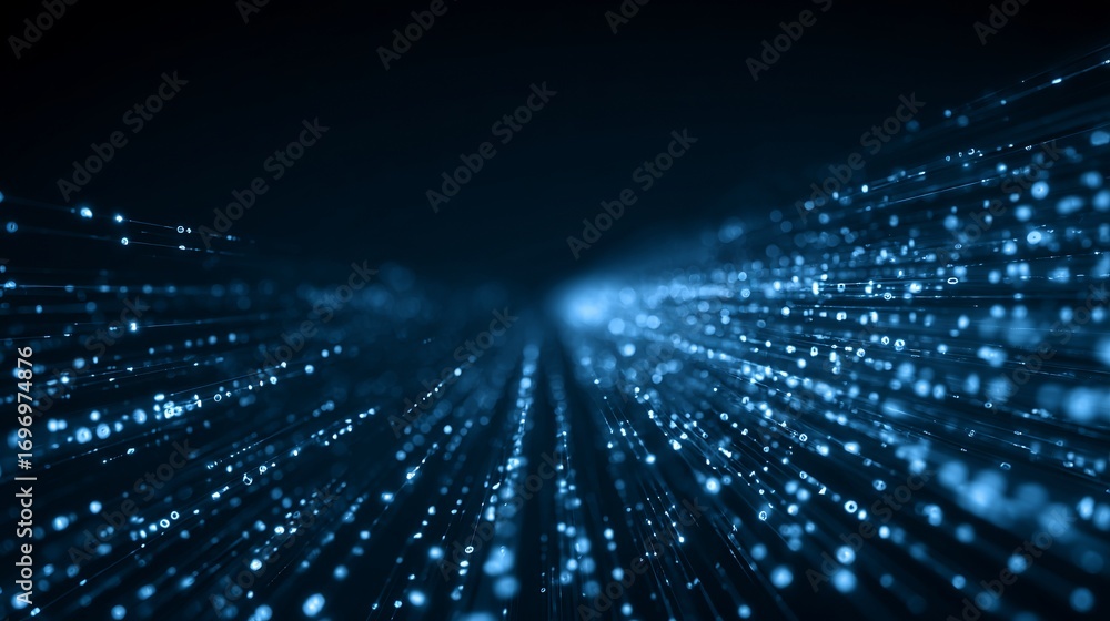 Fototapeta premium Dynamic abstract blue digital data streams flowing through futuristic network, representing information transfer and global connectivity with glowing particles