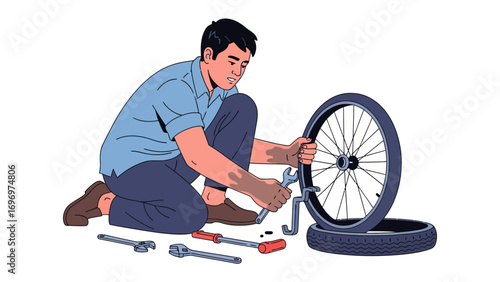 Repairing the Wheel: An illustrated scene depicting a skilled individual meticulously repairing a bicycle wheel, with various tools and components artfully arranged around the task.