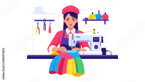 Crafting Dreams: A fashion designer focuses intently on her craft, the rhythmic hum of the sewing machine accompanying her as she breathes life into her new garment. She is working on colorful fabric.