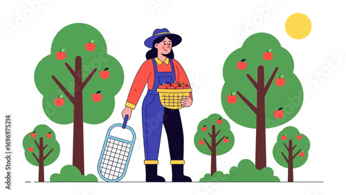 Harvesting Apples: An illustrated image of a happy farmer standing in an apple orchard with a basket full of fresh apples, ready to pick more