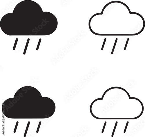 Isolated rainy cloud icons, minimal weather set, black rainy cloud design, line rain vector, weather outline icon, silhouette rain cloud clipart, editable weather vector, forecast symbol