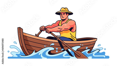 Rowing on Calm Waters: A strong individual navigates serene waters, rowing in a traditional wooden boat, embodying tranquility and the simple pleasure of outdoor activity.